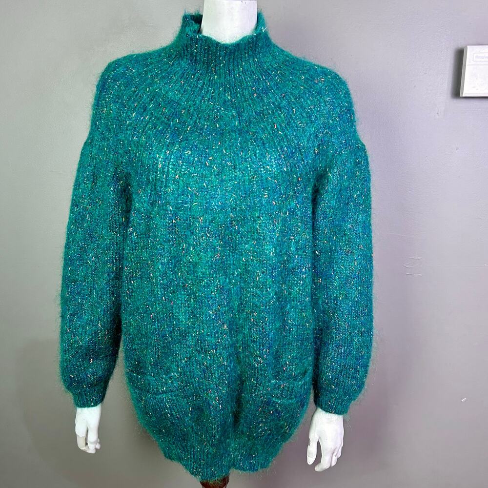 Paul Et Duffier Sweater Womens M Mohair Wool Fuzzy Mock Neck Green long colorful